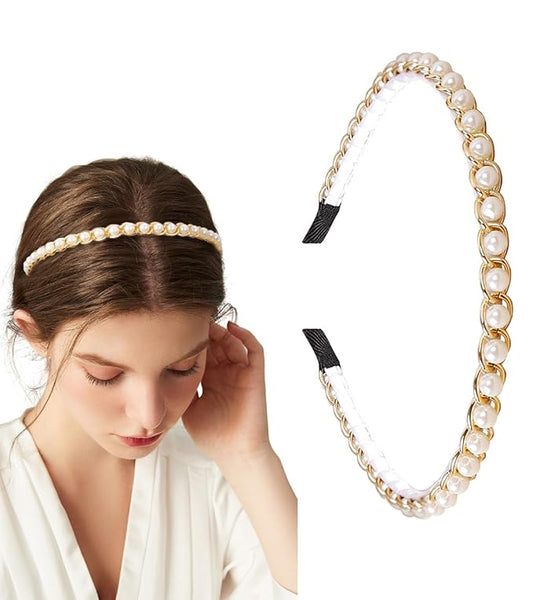 YARN & INK Women's Pearls Headbands Fashion Beaded Metal Headband, Vintage Hair Accessories Non Slip for Women Girls Chris...