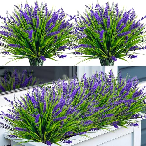 Bassion Artificial Flowers for Outdoors, 24 Bundles Fake Lavender Flowers UV Resistant Plastic Plants Faux Purple Monkey G...
