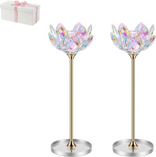 Crystal Candle Holders Set of 2, Lotus Flower Candlestick Holders with Mirror Base, Metal Stand, Elegant Table Centerpiece...