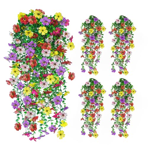 IDEVRE Artificial Hanging Flowers 4 Bundles UV Resistant Fake Flowers for Outdoor Decor Realistic Silk Flower Faux Plants ...