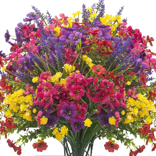 20Pcs UV Resistant Artificial Flowers Outdoor, Realistic Faux Greenery Shrubs with Rust-Proof Stems - Waterproof Fade-Proo...