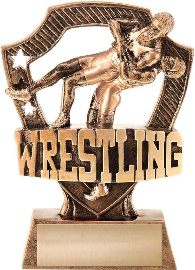 Crown Awards 5" Shieldz Wrestling Sculpture Trophy, Custom Resin Wrestling Trophies with Personalized Engraving
