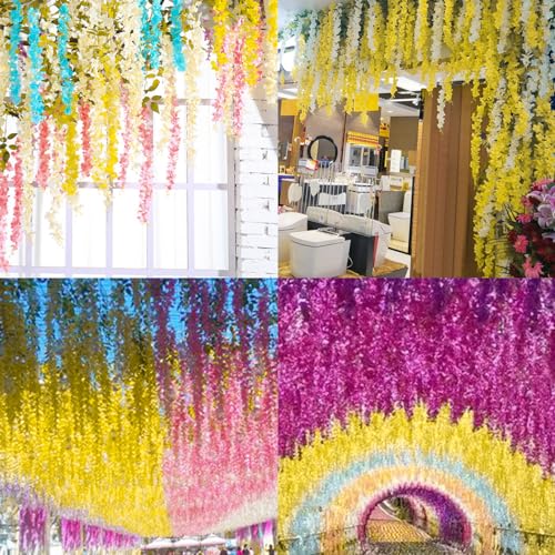 LUZOGA 24 Pack Wisteria Hanging Artificial Flowers Fake Flowers Ratta Hanging Garland Silk Flowers String for Home Garden ...