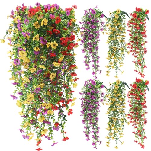 FineCheer 6 Pcs Spring Artificial Hanging Flowers Outdoor Faux Silk Mum Plant Decor Violet with Eucalyptus Realistic UV Re...