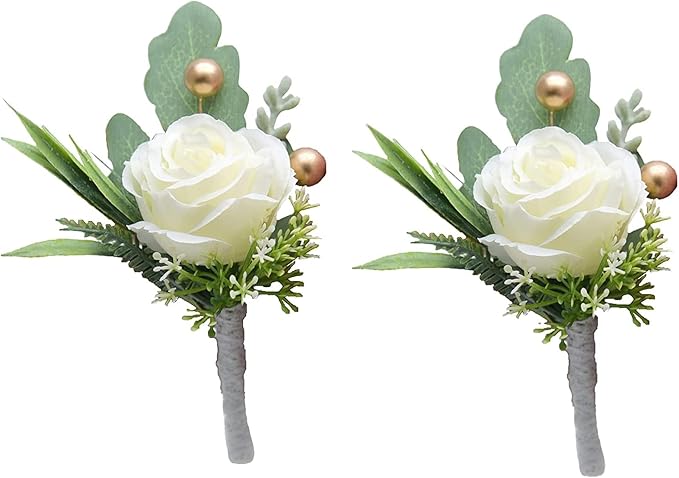 Jowxsx 2Pcs Roses Boutonniere for Men Wedding, Groom Groomsman Artificial White Rose Flowers with pins for Wedding Anniver...