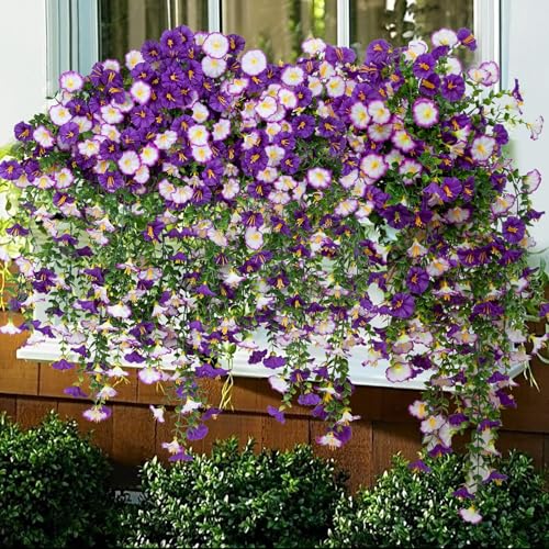 Lcuasc 2Pcs Outdoor Faux Hanging Flowers Artificial Morning Glory with Eucalyptus Leaves UV Resistant Look Real Fake Plant...