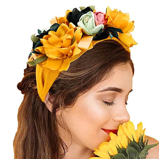 Coridy Flower Headbands for Women Boho Yellow Floral Headband Wide Autumn Wedding Hairband statement Hair Accessories(Yellow)