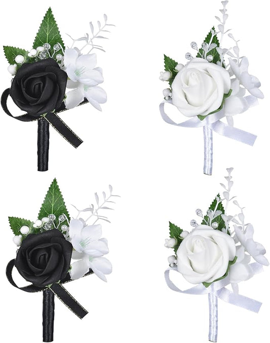 DearHouse Rose Wristband Corsage, Artificial Flowers for Wedding Bridesmaid Hand Flower Decor, 2 Pack (4, Black&White)