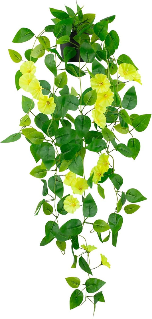 LOYWREE Artificial Hanging Flowers Plants Fake Potted Long Ivy Vine Plant Faux Pothos with Hanging Morning Glory Flowers f...