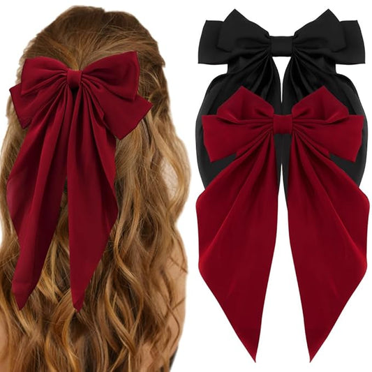 Atoden Hair Bow Clip, 2 Pcs Silky Satin Hair Bows for Women Hair Ribbons Oversized Long Tail Black Hair Bow and Red Hair B...