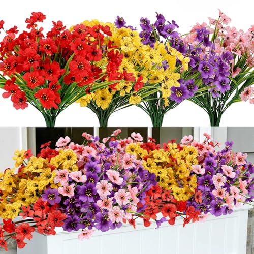 Geegoods Artificial Mums Flowers for Outdoors, 16 Bundles UV Resistant Fake Plastic Colorful Mix Flowers for Patio Porch S...