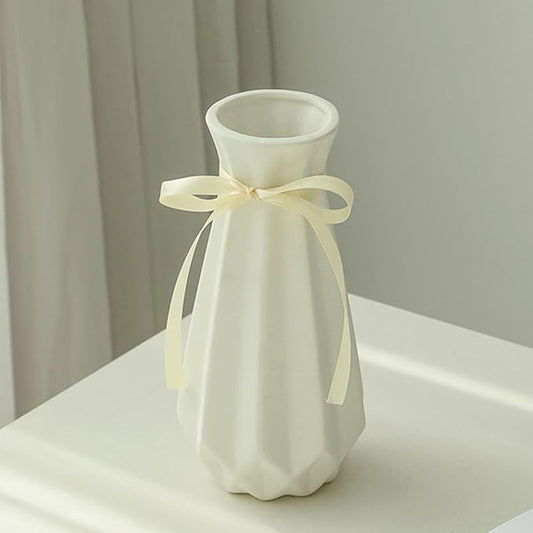 Origami Ceramic Vase with Ribbon, 7.9" H, Artistic Design Flower Vase Geometrical Style for Modern Home Decoration