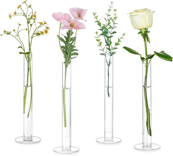 Glasseam Glass Bud Vase for Centerpieces, Small Flower Vases Set of 4Pcs Clear Single Rose Cylinder Centerpieces - 7.87" T...