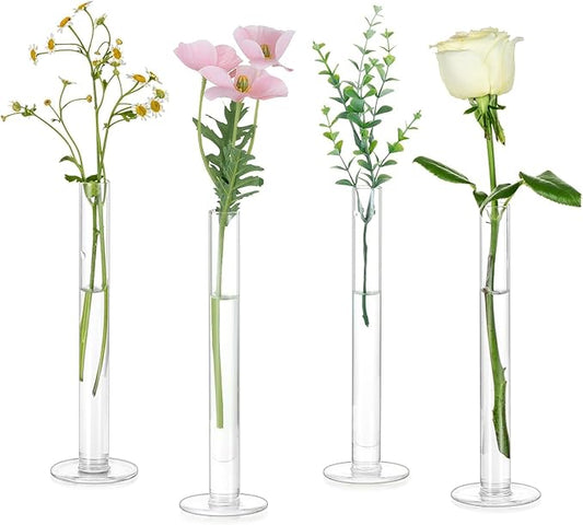 Glasseam Glass Bud Vase for Centerpieces, Small Flower Vases Set of 4Pcs Clear Single Rose Cylinder Centerpieces - 7.87" T...