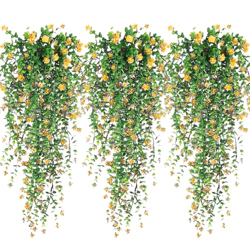 Artificial Hanging Flowers, 3 Pcs Fake Hanging Plants Artificial Vines for Outdoors, Fake Ivy Vine UV Resistant No Fade Fa...