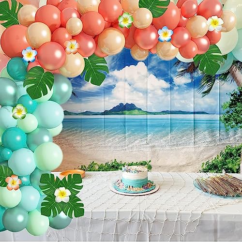 Ouddy Party Tropical Balloon Garland Arch Kit, 12"10"5" Rose Gold Blush Blue Balloons Artificial Palm Leaves Plumeria for ...
