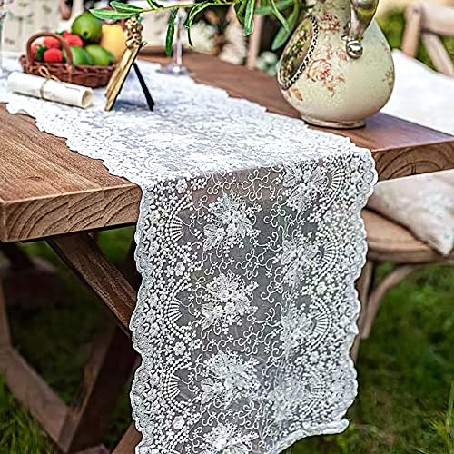 White Lace Table Runner-Vintage Embroidered Flower Table Runners Lace Doilies Dresser Scarf, Fancy Table Decoration for Ch...