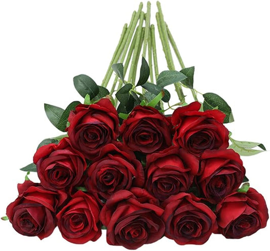Tifuly 12pcs Red Roses Artificial Flowers,Realistic Long Stem Fake Silk Roses Bouquet for Party Home Wedding Centerpiece O...