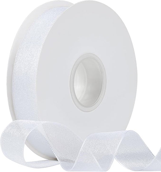 Zerofy Sheer Organza Ribbon 1 Inch Chiffon Ribbons for Gift Wrapping, Flower Bouquet, 50 Yards/Roll (White)