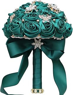 5.9" Mini Bridal Bouquet Handmade Satin Rose Round Wedding Bouquet Throw Toss Artificial Flower Bunch Dark Green