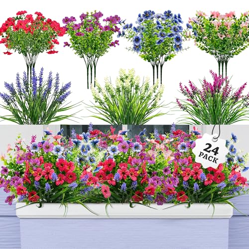 POPUPARTY 24 PCS Artificial Flowers for Outdoors,Fake Flowers for Home Decor, UV Resistant Artificial Flowers for Yard Gar...