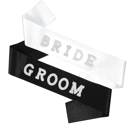 2 Pcs Bride and Groom Sash Set, Pearl Brides and Grooms Sashs Black & White Bachelorette & Bachelor Sashes White BRIDE Sas...
