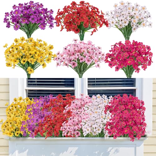 Bassion 24 Bundles Artificial Flowers for Outdoors Decoration, UV Resistant Mixed Color Silk Fake Faux Flowers Artificial ...