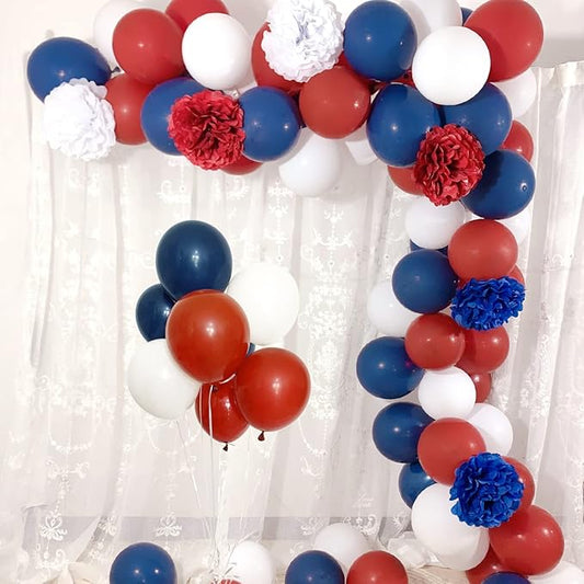 Dark Red White and Blue Balloons Garland Arch Kit with 75Pcs Navy Burgundy White Balloons 6Pcs Paper Flowers for 4th of Ju...