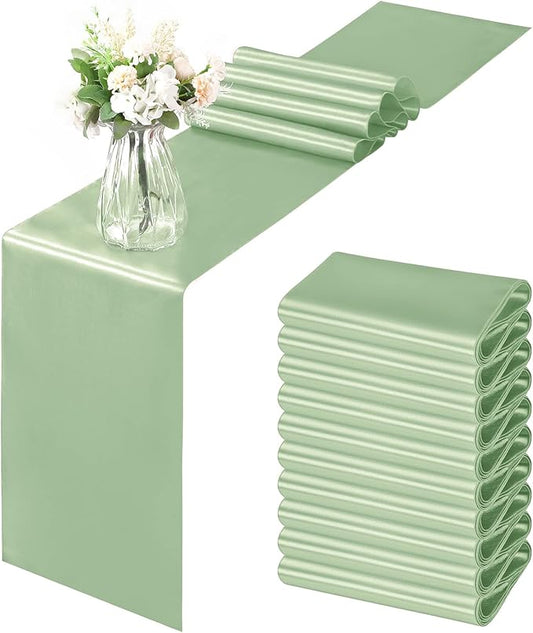 Horbaunal 12 Pack Sage Green Satin Table Runner 12 x 108 Inch, Smooth Table Runners for Wedding Banquets Birthday Party