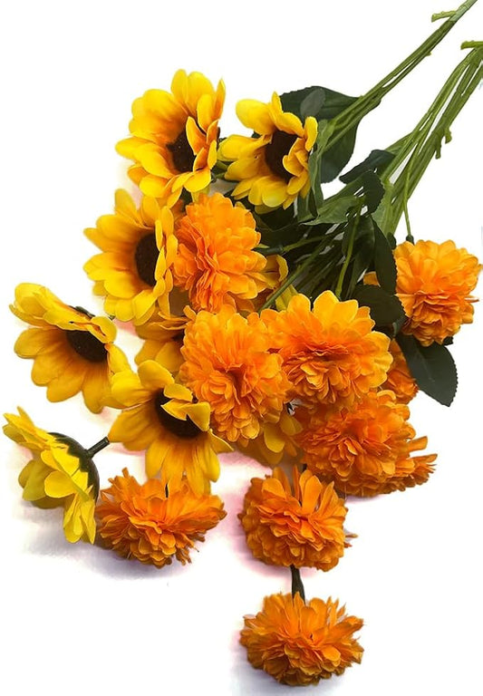 Aliotech 2 Bunches Yellow Sunflowers Artificial Flowers and 2 Bunches Artificial Marigold Flowers Chrysanthemum for Home D...