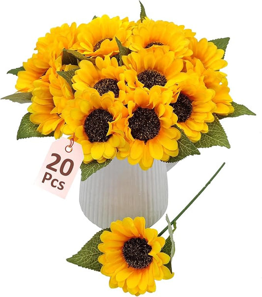 FOUSUKA 20 PCS Fake Silk Sunflowers Artificial Flower with Stems for Home Wedding Party Centerpieces Decoration Bridal Bou...