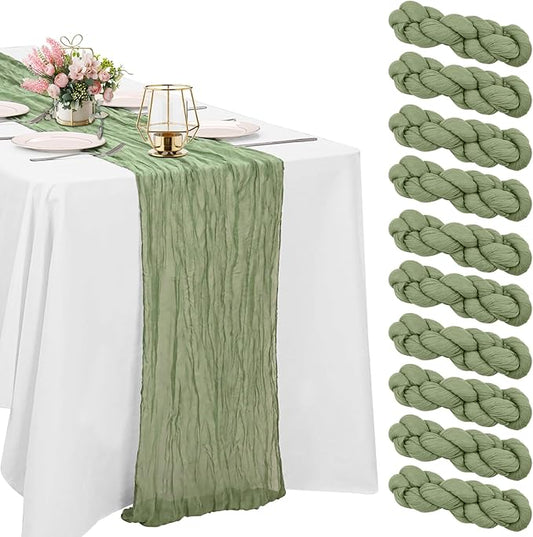 10 Pack Sage Green Cheesecloth Table Runner 10FT Boho Gauze Fabric Table Runner Vintage Rustic Sheer Runners for Wedding P...