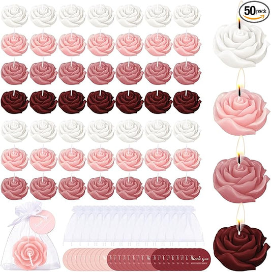 Treela 50 Set Flower Candles Wedding Favor for Guests Mini Burgundy Rose Shaped Tealight Candles for Return Gift Wedding B...