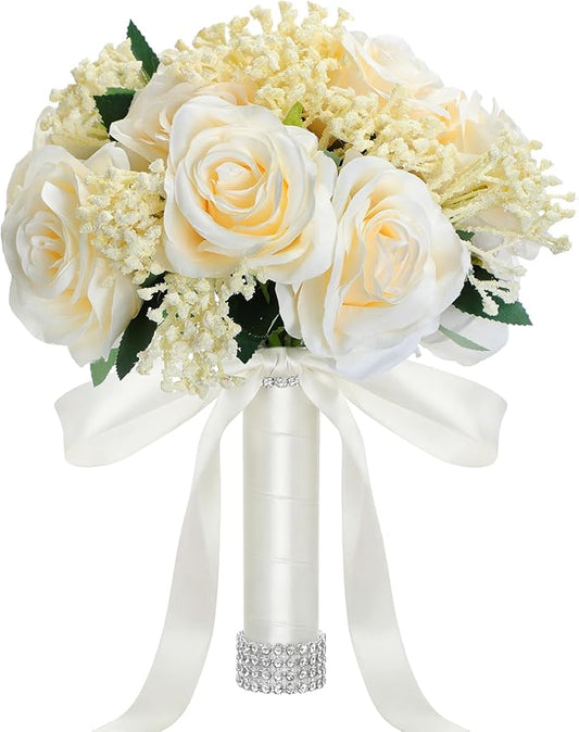 Janinka 10 Inch Large Wedding Bouquets for Bride Bridesmaid Artificial Rose Flowers Paired with Silk Ribbon and Rhinestone...