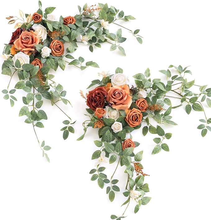 Ling's moment 2PCS Terracotta Arch Flowers Artificial Floral Swags Centerpieces Wedding Decor Mantel Faux Burnt Orange Ros...
