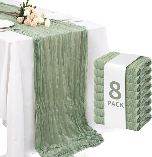 Fixwal 8 Pack Sage Green Cheesecloth Table Runners, 35x120 Inch Pleated Boho Gauze Table Runner, Long Semi-Transparent Tab...