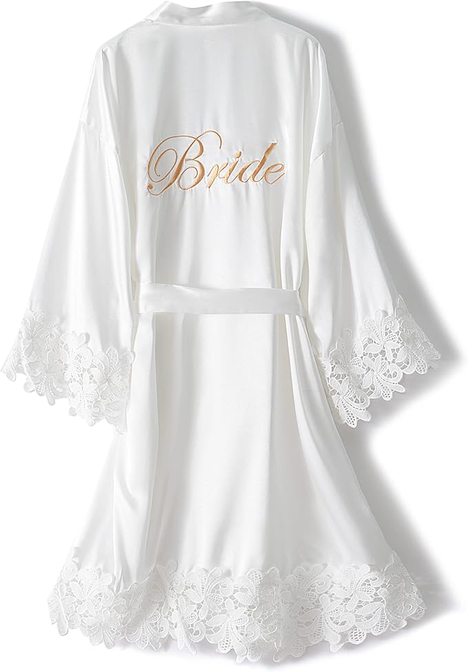 Crystal Dew Women's Lace Trim Bride Kimono Robes with Embroidery Bridal Silky Satin Bathrobe Wedding Party Sleepwear
