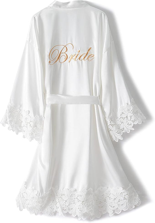 Crystal Dew Women's Lace Trim Bride Kimono Robes with Embroidery Bridal Silky Satin Bathrobe Wedding Party Sleepwear