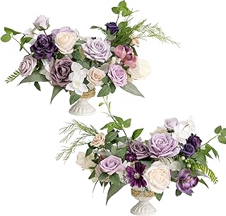 Ling's moment Lilac & Gold Artificial Flowers with Vase Wedding Decor Centerpiece Flower Potted for Ceremony Reception Tab...