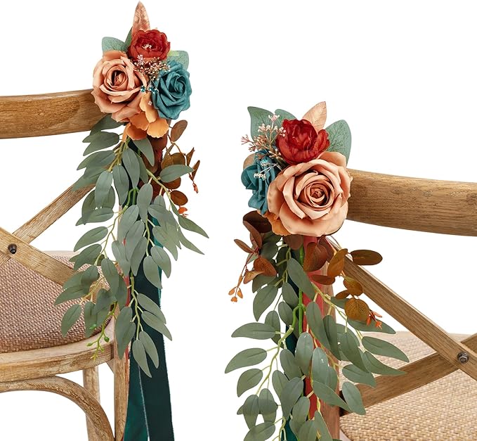 Ling's moment 8pcs Wedding Artificial Aisle Pew Flowers Chair Decorations Arrangements with Chiffon Ribbons Burnt Orange f...