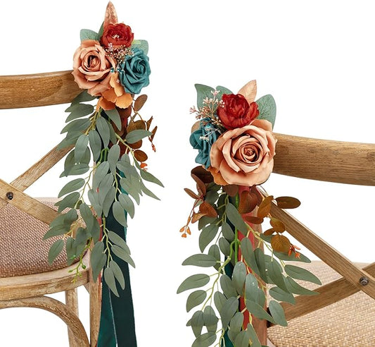 Ling's moment 8pcs Wedding Artificial Aisle Pew Flowers Chair Decorations Arrangements with Chiffon Ribbons Burnt Orange f...