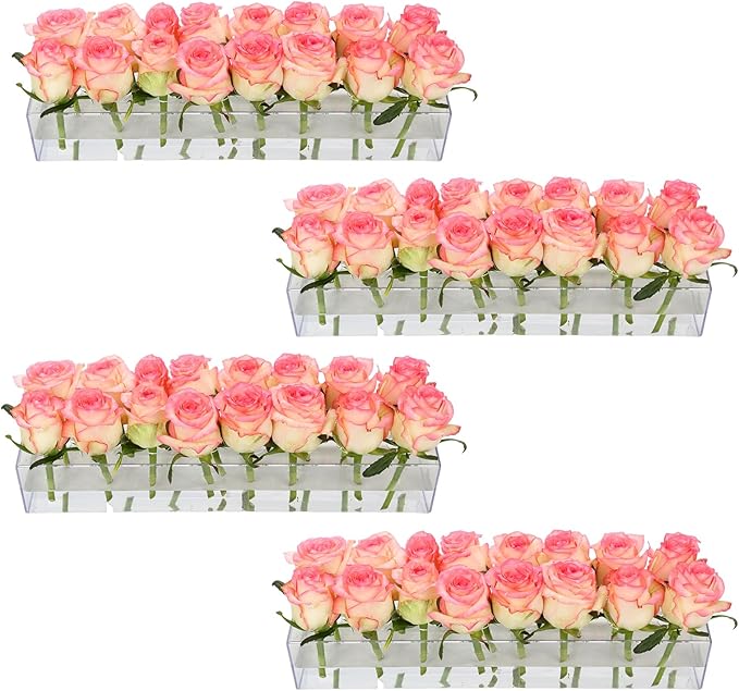 4 Pack Clear Acrylic Flower Vase Centerpiece for Dining Table,63.2 Inch Rectangular Floral Low Vases with 64 Holes for Din...