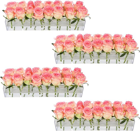 4 Pack Clear Acrylic Flower Vase Centerpiece for Dining Table,63.2 Inch Rectangular Floral Low Vases with 64 Holes for Din...