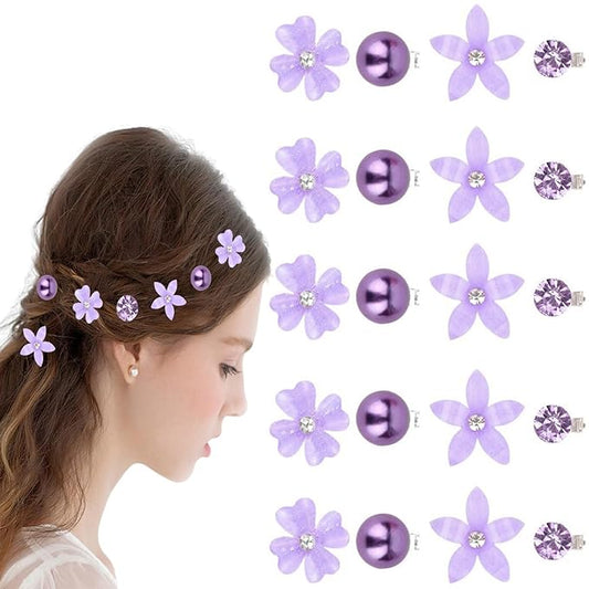20 PCS Purple Flower Hair Clips for Women,Rhinestone Pearl Hair Barrettes Hairpins,Cute Small Hair Clips Purple Hair Acces...