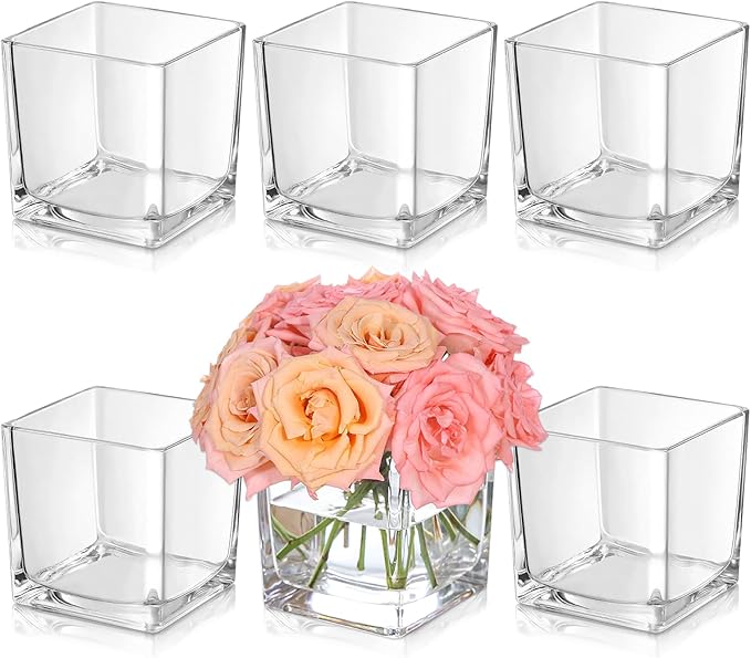 KEYWING 6 Pack Square Glass Vase 4" x 4" x 4", Clear Flower Vases for Centerpieces, Square Glass Cube Vase Candle Holder f...