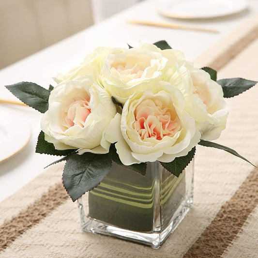 GreenHouzz Artificial Peony Silk Flower Centerpieces Faux Floral Arrangement in Glass Vase for Home Wedding Table Decorati...