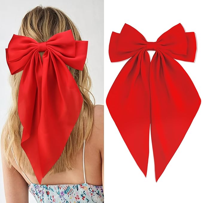Velscrun Hair Bows for Women Girls Red Silky Satin Large Coquette Hair Bow Oversized Hair Ribbons Big Hair Bows Clip Long ...
