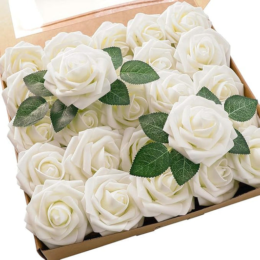 Floroom Artificial Flowers 25pcs Real Looking Ivory Foam Fake Roses with Stems for DIY Wedding Bouquets White Bridal Showe...