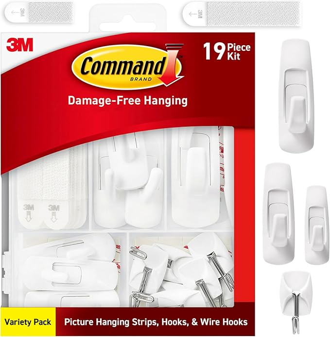 Command General Purpose Variety Kit, Various Sized Hooks, Wire Hooks, and Picture Hanging Strips to Hang Up to 19 Items, O...