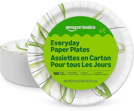 Amazon Basics Everyday Disposable Paper Plates, 8.62 Inch, Microwave-Safe, Cut Resistant, Soak-Proof, 100 Count, Packaging...